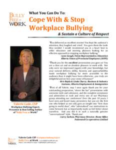 Valerie Cade Bio & Presentations Workplace Bullying