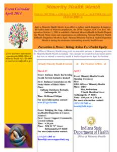 Event Calendar April 2014 Minority Health Month NOW IS THE TIME  INDIANA IS THE PLACE  TOGETHER WE CAN CHANGE THINGS