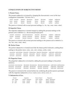 CONJUGATION OF SUBJUNCTIVE MOOD I. Present Tense. The present subjunctive is formed by changing the characteristic vowel of the four conjugations (remember: “He beat a liar”). amem amemus ames   ametis