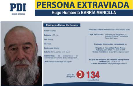 Hugo Humberto BARRÍA MANCILLA  Edad: 68 años. Estatura: 1.70 mts. Tez: Blanca. Iris: Café.
