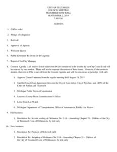 CITY OF TECUMSEH COUNCIL MEETING TECUMSEH CITY HALL SEPTEMBER 2, 2014 7:30 P.M. AGENDA