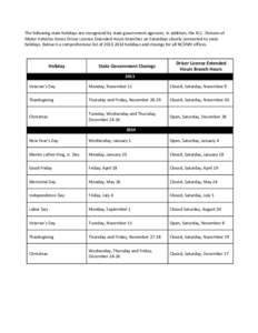 The following state holidays are recognized by state government agencies. In addition, the N.C. Division of Motor Vehicles closes Driver License Extended Hours branches on Saturdays closely connected to state holidays. B