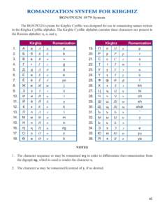 ROMANIZATION SYSTEM FOR KIRGHIZ BGN/PCGN 1979 System The BGN/PCGN system for Kirghiz Cyrillic was designed for use in romanizing names written in the Kirghiz Cyrillic alphabet. The Kirghiz Cyrillic alphabet contains thre