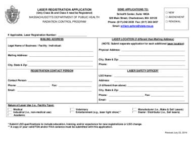 Laser Registration Application (Only Class 3b and Class 4 need be Registered) - July 2014