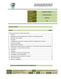 POLÍTICA DE PROTECCIÓN DE DATOS PERSONALES CN-PD-07 PROCESO  Planeación Directiva