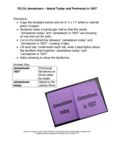 VS.3.b Jamestown – Island Today and Peninsula in[removed]Directions: Copy the template below onto an 8 ½ x 11” white or colored piece of paper. Students make a hamburger fold so that the words