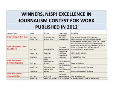 WINNERS, NJSPJ EXCELLENCE IN JOURNALISM CONTEST FOR WORK PUBLISHED IN 2012