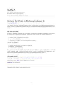 NZQA  New Zealand Qualifications Authority Mana Tohu Matauranga O Aotearoa Home > National Certificate in Mathematics (Level 1)