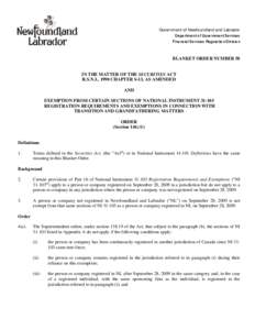 Government of Newfoundland and Labrador Department of Government Services Financial Services Regulation Division BLANKET ORDER NUMBER 58