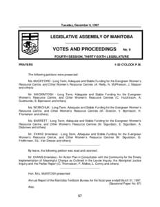 Tuesday, December 9, 1997  LEGISLATIVE ASSEMBLY OF MANITOBA __________________________  VOTES AND PROCEEDINGS