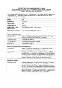 REPORT BY THE COMMONWEALTH AND IMMIGRATION OMBUDSMAN FOR TABLING IN PARLIAMENT Under s 486O of the Migration Act 1958 This is the second s 486O report on Mr X. The first reportwas tabled in Parliament on 13 Nove