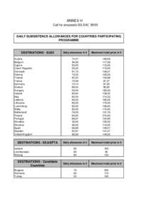 ANNEX H Call for proposals DG EAC[removed]DAILY SUBSISTENCE ALLOWANCES FOR COUNTRIES PARTICIPATING PROGRAMME