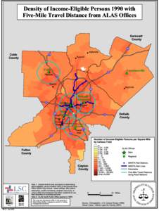 Density of Income-Eligible Persons 1990 with Five-Mile Travel Distance from ALAS Offices Gwinnett County  %&k(