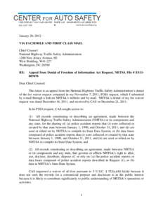 January 20, 2012 VIA FACSIMILE AND FIRST CLASS MAIL Chief Counsel National Highway Traffic Safety Administration 1200 New Jersey Avenue, SE West Building, W41-227