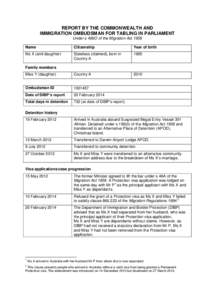 REPORT BY THE COMMONWEALTH AND IMMIGRATION OMBUDSMAN FOR TABLING IN PARLIAMENT Under s 486O of the Migration Act 1958 Name  Citizenship