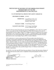 Avenal Power Center, LLC - Prevention Of Significant Deterioration Permit