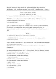 Supplementary Agreement Amending the Agreement Between The US and Canada on Great Lakes Water Quality Signed at Halifax October 16, 1983; Entered into force October 16, 1983. The Government of the United States of Americ