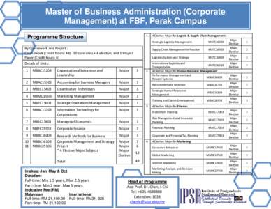 Master of Business Administration (Corporate Management) at FBF, Perak Campus 1. Programme Structure By Coursework and Project :