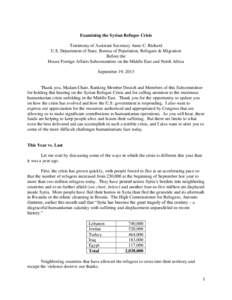 Examining the Syrian Refugee Crisis Testimony of Assistant Secretary Anne C. Richard U.S. Department of State, Bureau of Population, Refugees & Migration Before the House Foreign Affairs Subcommittee on the Middle East a