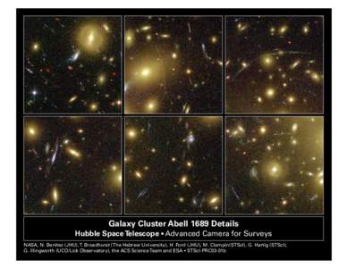 Galaxy Cluster Abell 1689 Details Hubble Space Telescope • Advanced Camera for Surveys NASA, N. Benitez (JHU), T. Broadhurst (The Hebrew University), H. Ford (JHU), M. Clampin(STScI), G. Hartig (STScI), G. Illingworth 