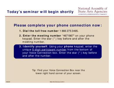 Today’s seminar will begin shortly  Please complete your phone connection now: 1. Dial the toll free number[removed]2. Enter the meeting number *[removed]* on your phone keypad. Enter the star (*) key before and 