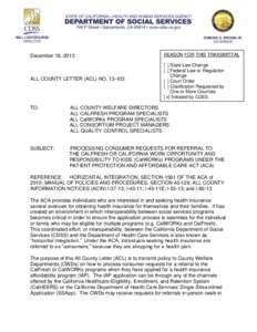 December 18, 2013  REASON FOR THIS TRANSMITTAL ALL COUNTY LETTER (ACL) NO[removed]