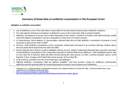 Summary of latest data on antibiotic consumption in the European Union Highlights on antibiotic consumption Use of antibiotics is one of the main factors responsible for the development and spread of antibiotic resistanc