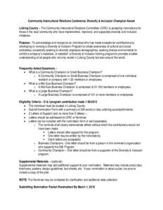 Community Intercultural Relations Conference Diversity & Inclusion Champion Award Licking County – The Community Intercultural Relations Committee (CIRC) is accepting nominations for those in the local community who ha