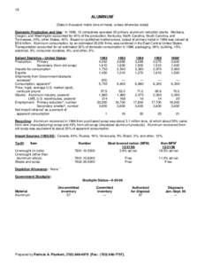 18  ALUMINUM1 (Data in thousand metric tons of metal, unless otherwise noted) Domestic Production and Use: In 1996, 13 companies operated 22 primary aluminum reduction plants. Montana, Oregon, and Washington accounted fo