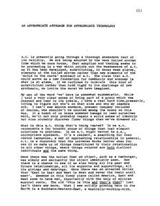 (1)  AN APPROPRIATE APPROACH FOR APPROPRIATE TECHNOLOGY a.t. is presently going through a thorough shakedown test of its validity. We are being adopted by the very failed system