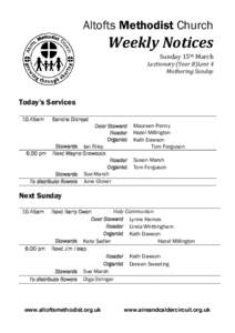 Altofts Methodist Church  Weekly Notices Sunday 15th March  Lectionary (Year B)Lent 4