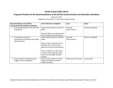 Fairfax County Public Library Proposed Timeline for the Recommendations of the Ad Hoc Communication and Evaluation Committee January 23, 2014 (Approved at December 11, 2013 Library Board meeting) Recommendations of the A