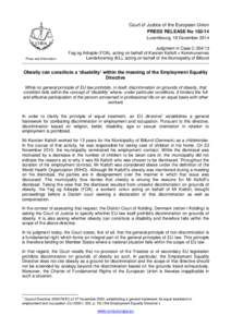 Court of Justice of the European Union PRESS RELEASE No[removed]Luxembourg, 18 December 2014 Press and Information