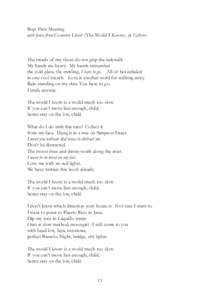 Bop: First Meeting with lyrics from Country Livin’ (The World I Know), by Esthero The treads of my shoes do not grip the sidewalk. My hands are heavy. My hands remember the cold glass, the swirling, I have to go. All o