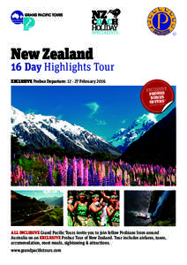 New Zealand  16 Day Highlights Tour EXCLUSIVE Probus Departure: [removed]February[removed]EXCLUSIVE