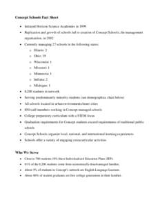 Concept Schools Fact Sheet  Initiated Horizon Science Academies in 1999  Replication and growth of schools led to creation of Concept Schools, the management organization, in 2002  Currently managing 27 schools 