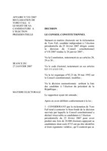 AFFAIRE N°2/E[removed]RECLAMATION DE YORO FALL /C LE REJET DE SA CANDIDATURE A L’ELECTION