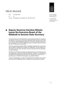 Deputy Governor Karolina Ekholm leaves the Executive Board of the Riksbank to become State Secretary