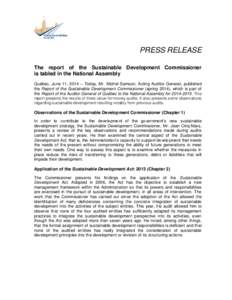 [removed]Report of the Sustainable Development Commissioner – Report of the Auditor General of Québec to the National Assembly for[removed]