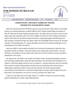 West York Area School District  FOR IMMEDIATE RELEASE May 20, 2014  Voice: ([removed]