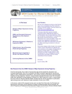 : : Center for Women’s Mental Health E-Newsletter : : : Vol. 3 Issue 1 : : : Spring 2006 : :  Dear Readers, In This Issue