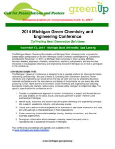 Call for Presentations and Posters[removed]GreenUp Call for Presentations and Posters Submission deadline for oral presentations is July 11, 2014!