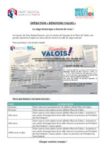 OPÉRATION « RÉNOVONS VALOIS » Le siège historique a besoin de vous ! Les Jeunes du Parti Radical lancent, avec le soutien de l’équipe de la Place de Valois, une grande opération d’appel aux dons afin de rénov