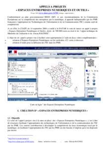 APPELS A PROJETS « ESPACES ENTREPRISES NUMERIQUES ET OUTILS » 30 mars 2005 www.datar.gouv.fr/TIC rubrique « appel à projets » Conformément au plan gouvernemental RESO 2007, et aux recommandations de la Commission E