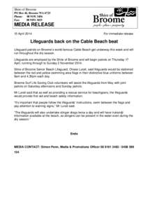 Microsoft Word - MEDIA RELEASE - Lifeguards back on the Cable Beach beat