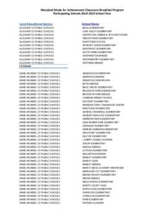 Maryland Meals for Achievement Classroom Breakfast Program Participating Schools[removed]School Year Local Educational Agency School Name
