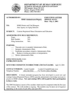 DEPARTMENT OF HUMAN SERVICES SENIOR & DISABLED SERVICES DIVISION 500 Summer Street NE E13 Salem, Oregon[removed]Phone: ([removed]