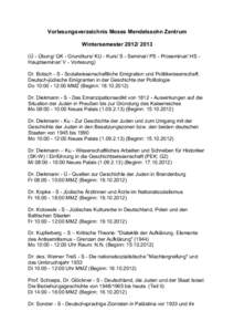 Vorlesungsverzeichnis Moses Mendelssohn Zentrum Wintersemester[removed] (Ü - Übung/ GK - Grundkurs/ KU - Kurs/ S - Seminar/ PS - Proseminar/ HS Hauptseminar/ V - Vorlesung) Dr. Botsch - S - Sozialwissenschaftliche Em