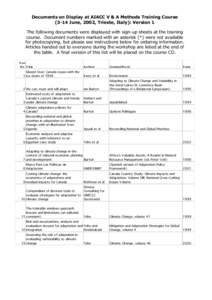 Documents on Display at AIACC V & A Methods Training CourseJune, 2002, Trieste, Italy): Version 1 The following documents were displayed with sign-up sheets at the training course. Document numbers marked with an 