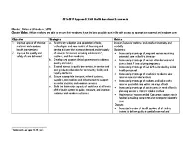 Approved ELMA Health Investment Framework Cluster: Maternal & Newborn (MAN) Cluster Vision: African mothers are able to ensure their newborns have the best possible start in life with access to appropriate mate